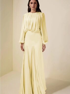 Pale Yellow Long Sleeve Pleated Maxi Dress